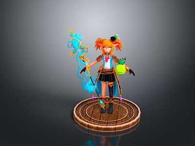 Woman with orange hair holding blue flame magic staff and green orb on wooden base 3d model