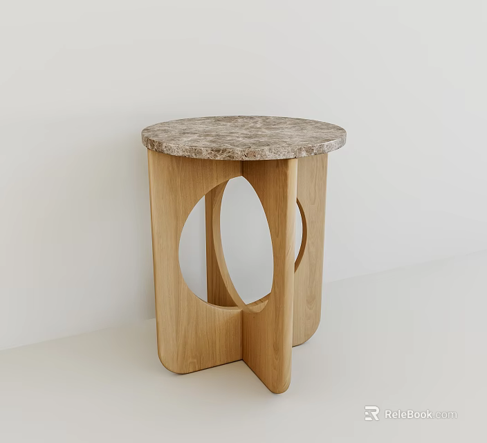 Modern Round Top Side Table With Marble Surface And Wooden Hollow Base 3d model 
