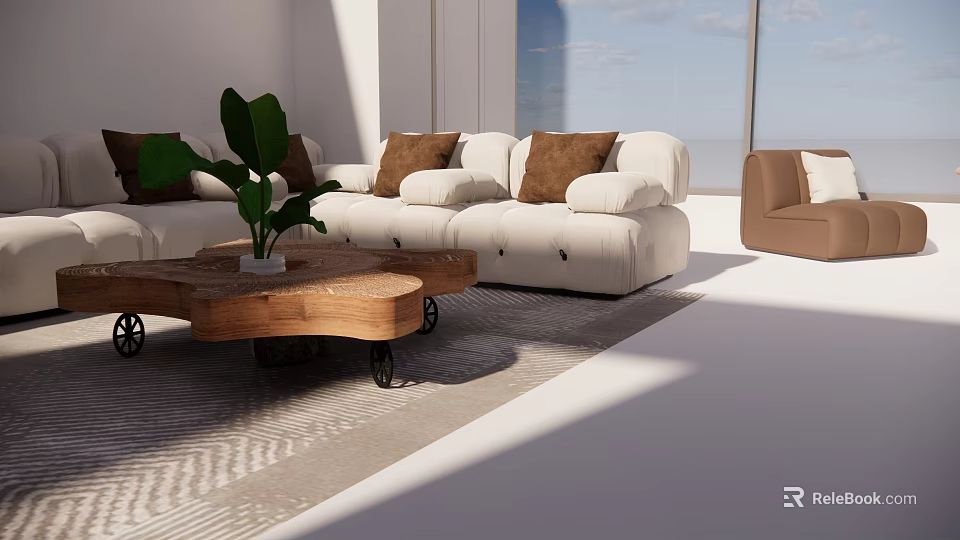 Modern White Sofa And Wooden Coffee Table Set With Brown Throw Pillows And Green Plant 3d model 