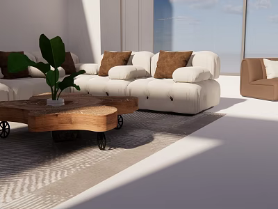 Modern White Sofa And Wooden Coffee Table Set With Brown Throw Pillows And Green Plant 3d model
