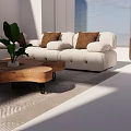 Modern White Sofa And Wooden Coffee Table Set With Brown Throw Pillows And Green Plant
