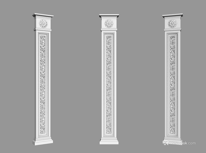 Building Exterior Wall With Three White Ornate Carved Decorative Columns 3d model 