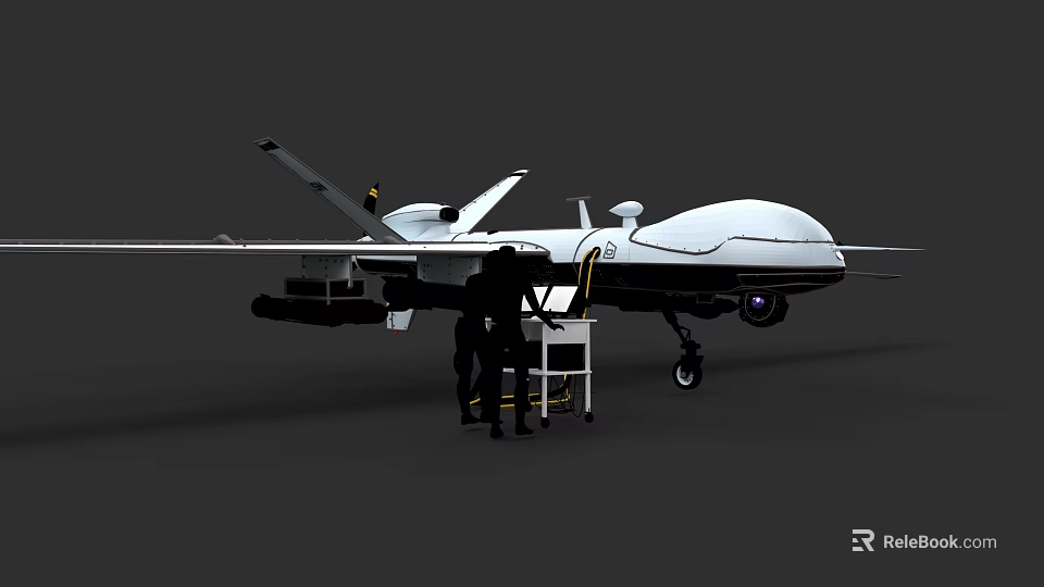 White Fighter Jet Under Maintenance With Crew Checking Equipment On Dark Background 3d model