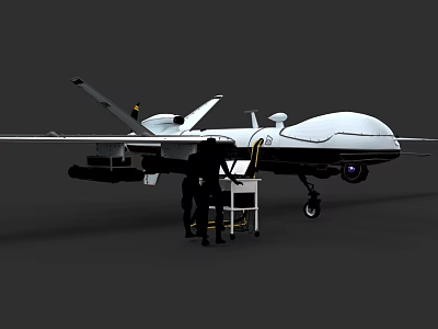 White Fighter Jet Under Maintenance With Crew Checking Equipment On Dark Background 3d model