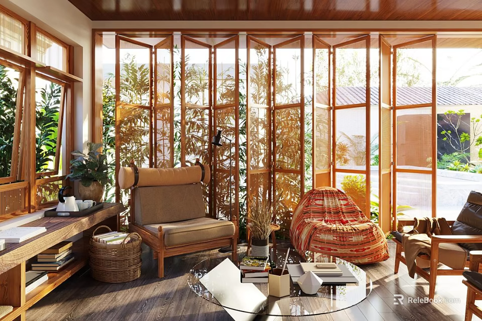 Lounge Room Interior With Wooden Screens Rattan Bean Bag Chair Green Plants Natural Light And Wooden Armchair 3d model 