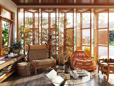 Lounge Room Interior With Wooden Screens Rattan Bean Bag Chair Green Plants Natural Light And Wooden Armchair 3d model