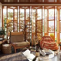 Lounge Room Interior With Wooden Screens Rattan Bean Bag Chair Green Plants Natural Light And Wooden Armchair