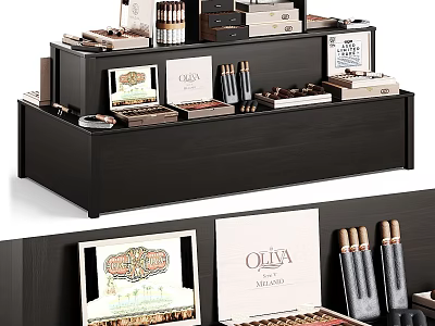 Elegant Black Wooden Display Shelf Featuring Organized Cigars Boxes And Brand Labels 3d model