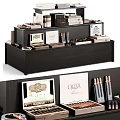 Elegant Black Wooden Display Shelf Featuring Organized Cigars Boxes And Brand Labels