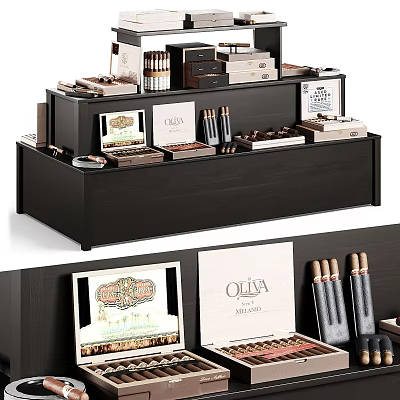 Elegant Black Wooden Display Shelf Featuring Organized Cigars Boxes And Brand Labels 3d model