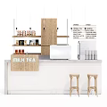 Milk Tea Bar Counter with Various Drinks on Wooden Shelves and Stools