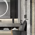 Modern Bathroom Interior With Round Mirror Shower Area Marble Walls Vanity And Rug