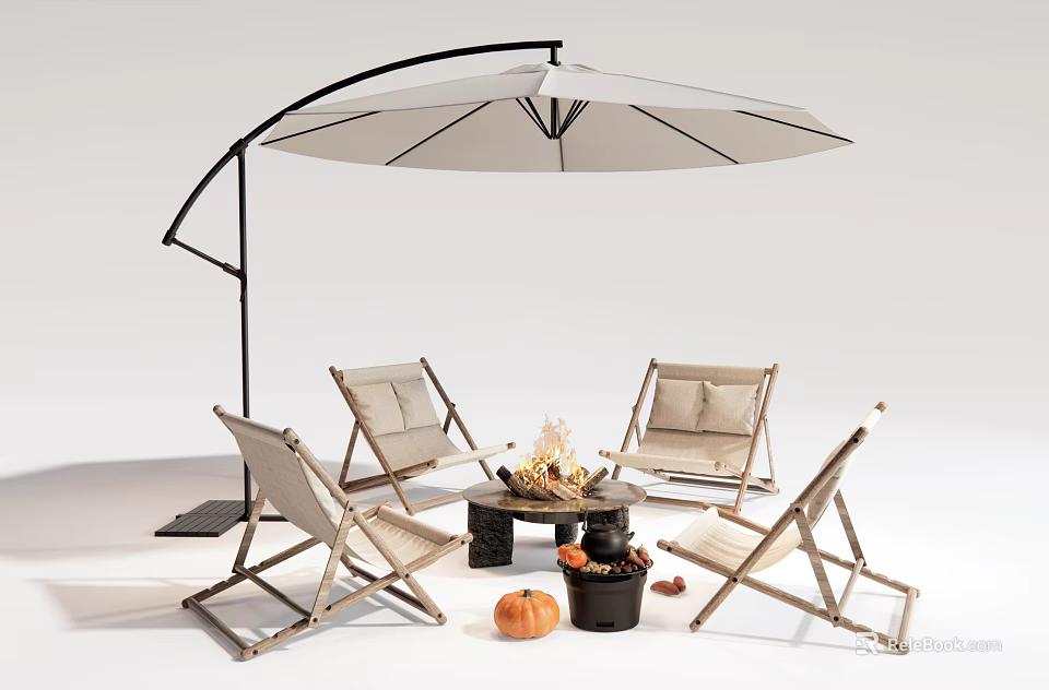 Cushioned Outdoor Chairs With Wooden Frame Cantilever Umbrella Fire Pit Table And Pumpkins 3d model 