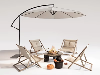 Cushioned Outdoor Chairs With Wooden Frame Cantilever Umbrella Fire Pit Table And Pumpkins 3d model