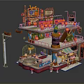 Vibrant Cartoon Scene Featuring Multi Layered Building With Shop Signs And Decorative Elements 3d model