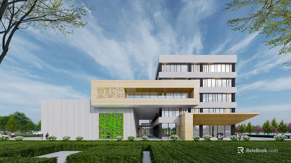 Modern School Building Featuring Green Plant Wall Multi Story Structure And Glass Curtain Walls 3d model 