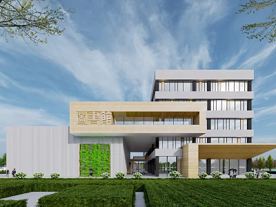 Modern School Building Featuring Green Plant Wall Multi Story Structure And Glass Curtain Walls 3d model
