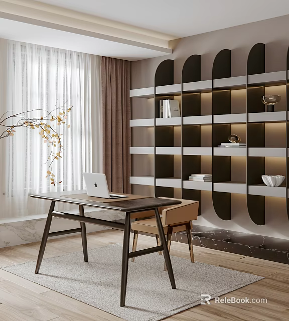 Modern Minimalist Study Room Interior With Wooden Desk Laptop Chair And Stylish Bookshelf 3d model 