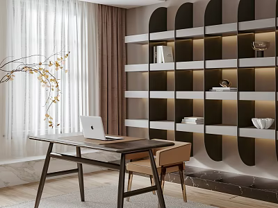 Modern Minimalist Study Room Interior With Wooden Desk Laptop Chair And Stylish Bookshelf 3d model