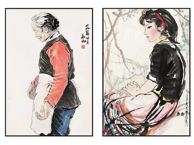 Chinese Figure Paintings Featuring Elderly Woman In Red Top And Young Lady In Traditional Costume 3d model