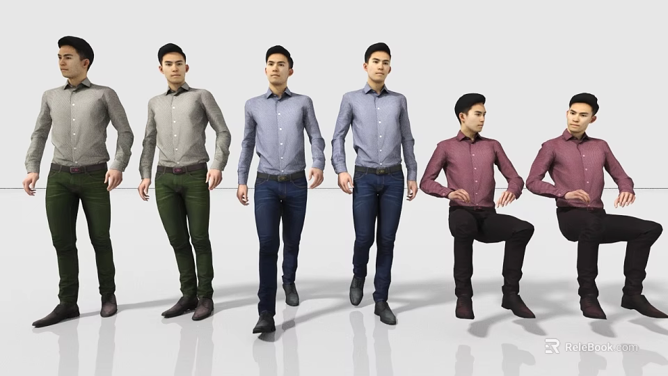 Men wearing various colored shirts and different pants posing in various standing and one-legged positions 3d model 
