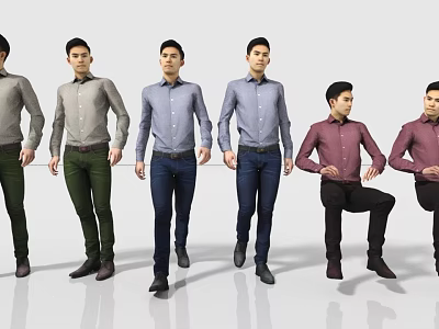 Men wearing various colored shirts and different pants posing in various standing and one-legged positions 3d model