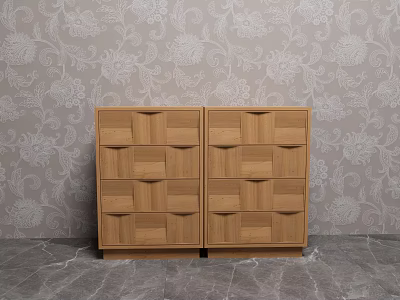 Wooden Chest of Drawers Side by Side with Floral Wallpaper and Gray Marble Floor 3d model