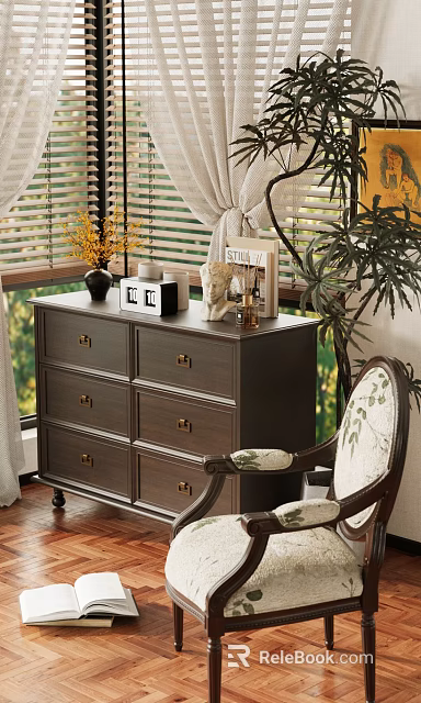Cozy Dark Wood Dresser With Drawers And Decorative Items By Window Plant And Chair 3d model 