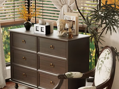 Cozy Dark Wood Dresser With Drawers And Decorative Items By Window Plant And Chair 3d model