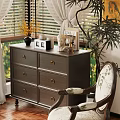 Cozy Dark Wood Dresser With Drawers And Decorative Items By Window Plant And Chair