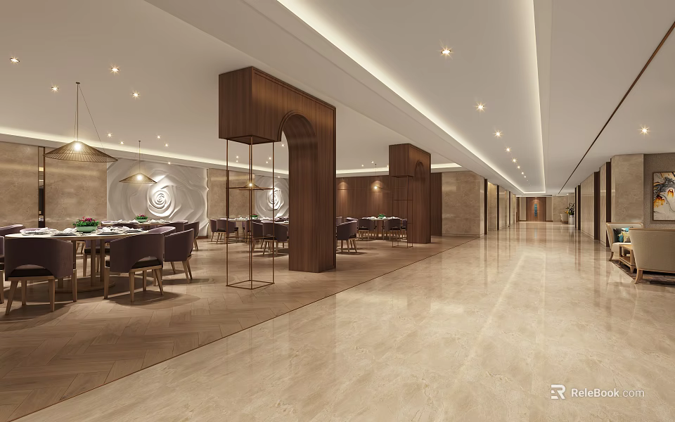 Modern Restaurant Interior Design With Wooden Structures Marble Floor Pendant Lights And Dining Tables 3d model 
