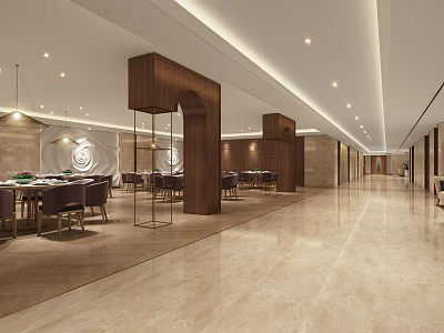Modern Restaurant Interior Design With Wooden Structures Marble Floor Pendant Lights And Dining Tables 3d model