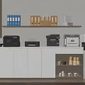 Office Appliances Multiple Printers in Modern Office with Filing Folders on Shelf and Countertop