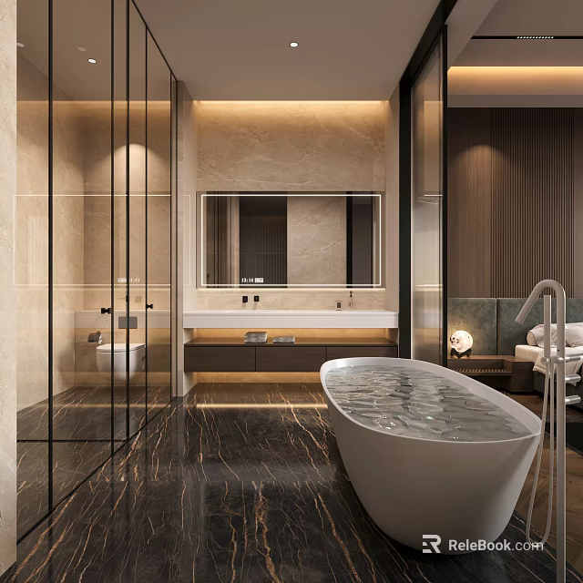 Modern Bathroom Interior With Marble Walls Flooring Large Mirror And Freestanding Bathtub 3d model 