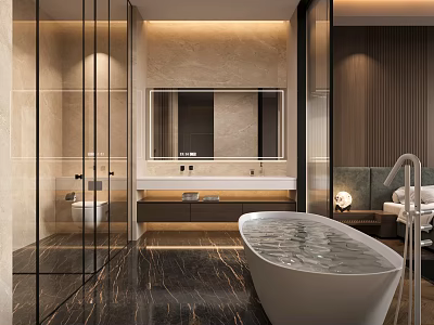 Modern Bathroom Interior With Marble Walls Flooring Large Mirror And Freestanding Bathtub 3d model