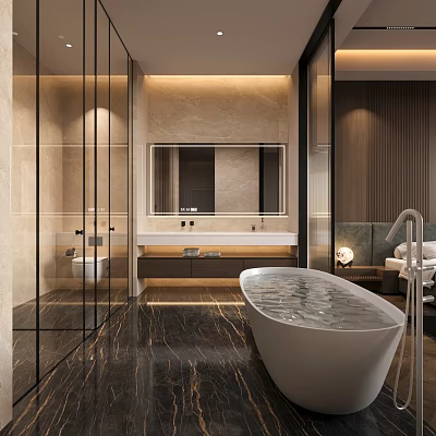 Modern Bathroom Interior With Marble Walls Flooring Large Mirror And Freestanding Bathtub 3d model