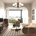 Living And Dining Room Interior With Beige Sofa Black White Geometric Rug Rocking Chair Chandelier