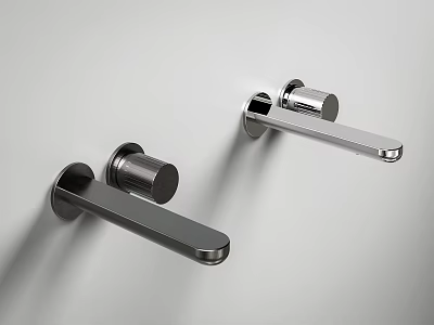Two Black Wall Mounted Faucets Sleek Modern Metal Design Installed On Light Colored Wall 3d model