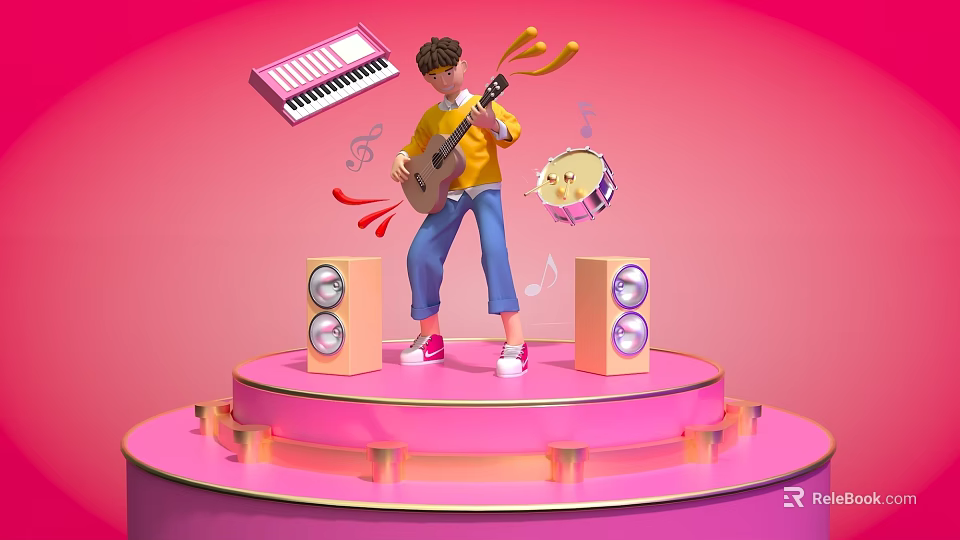 Vibrant Pink Music Stage With Person Playing Guitar Chicken Drum Floating Keyboard Speakers And Notes 3d model 