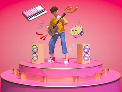 Vibrant Pink Music Stage With Person Playing Guitar Chicken Drum Floating Keyboard Speakers And Notes 3d model
