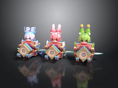 Cute Cartoon Character Figurines With Purple Pink Green Hairs And Geometric Patterned Boxes 3d model