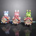 Cute Cartoon Character Figurines With Purple Pink Green Hairs And Geometric Patterned Boxes