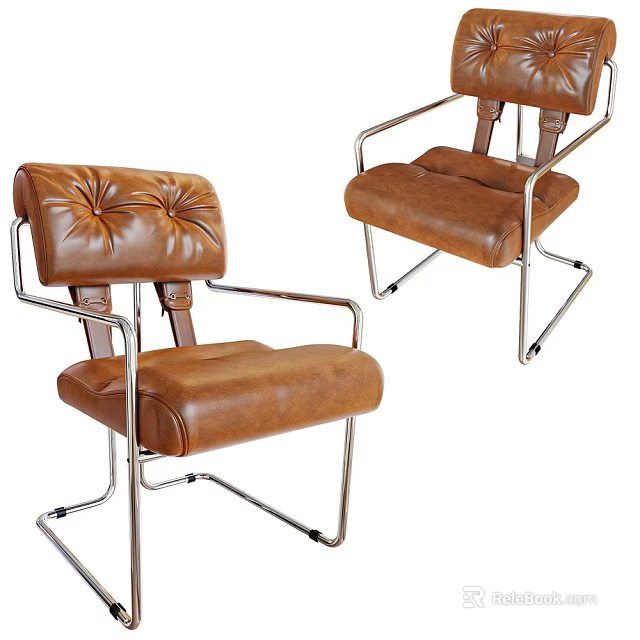 Brown Leather Office Chair With Metal Frame And Padded Backrest Design 3d model 