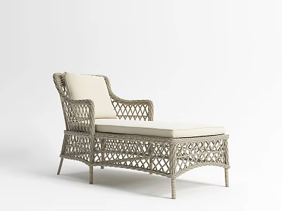 Stylish Wicker Chaise Lounge With White Cushion And Modern Rattan Design 3d model