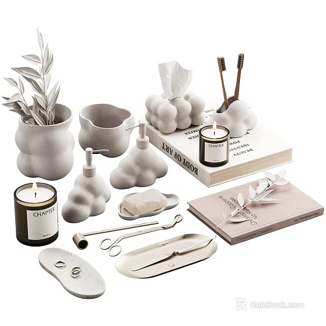 Minimalist White Decorative Ornament Set With Green Plants Candle Tissue Holder Tray And Book 3d model 