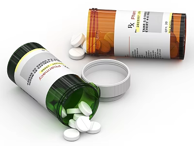 Medicine Bottles As Medical Devices With Spilled White Tablets And Labels 3d model