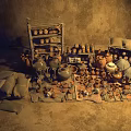 Handcrafted Ceramic Vessels Display On Rustic Shelves With Various Pots And Bowls