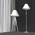 Two Modern Floor Lamps With Tripod And Stand Bases White Lampshades Gray Curtains Dark Wall
