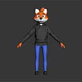 3D Animated Game And Movie Fox Character With Orange White Head Black Hoodie Blue Pants