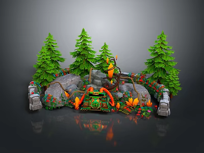 Playful Cartoon Scene With Green Pine Trees Stone Structures And Colorful Decorative Plants 3d model